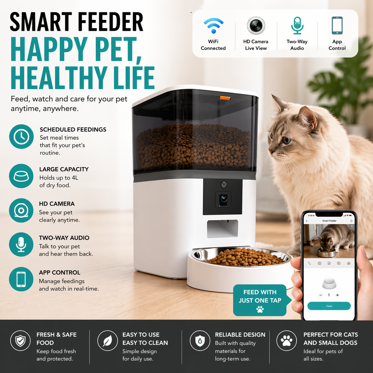 Never Miss a Meal — Smart Pet Feeder with Live Camera & Two-Way Audio